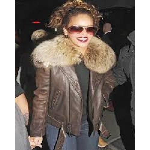 Rihanna Raccoon Fur Leather Jacket